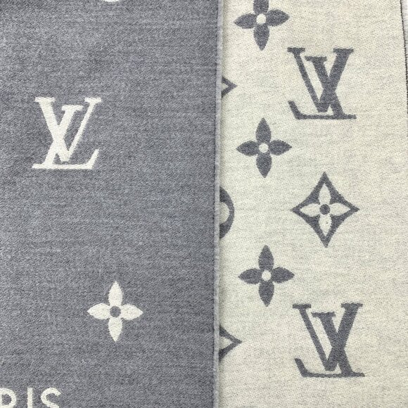 Louis Vuitton Grey Monogram Wool Fringe Scarf - Picture 5 of 9